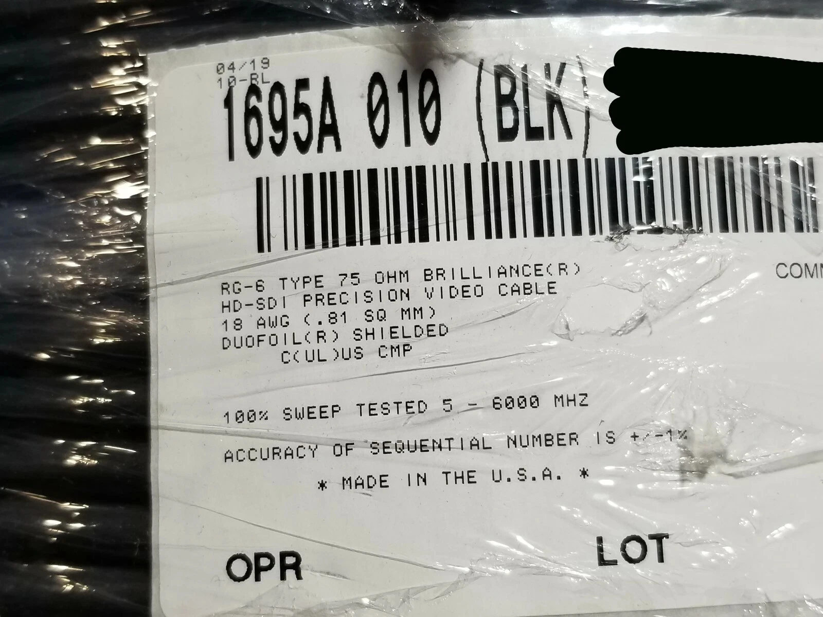 100% New Original BELDEN 75 Ohm SDI Coax, RG-6, 18 AWG Solid BC, Foil + 95% TC Braid, PVC Jkt, CMP BELDEN 1695A