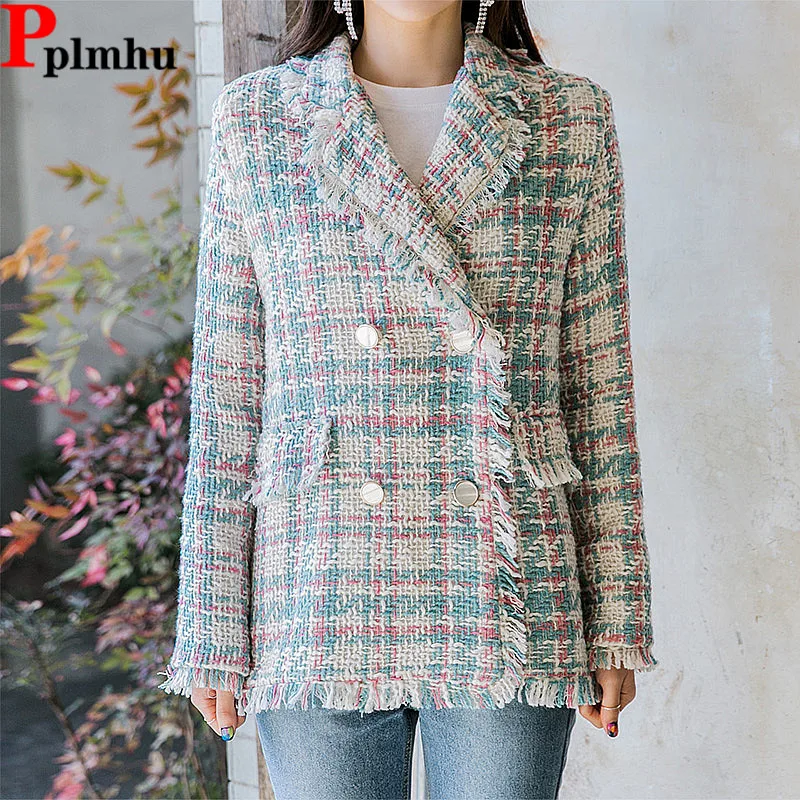 

Slim Plaid Tweed Tassel Suit Jackets Korea New Fashion Lapel Wool Blend Casual Blazer Vestes Office Women Vintage Chaquetas