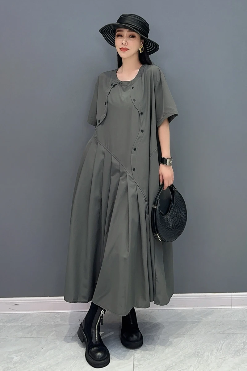 Vefadisa 2024 Summer New Dark Gray Women Button Trim Dress O-Neck Short Sleeve Patchwork Ruffled Comfortable Dresses ZXY528A