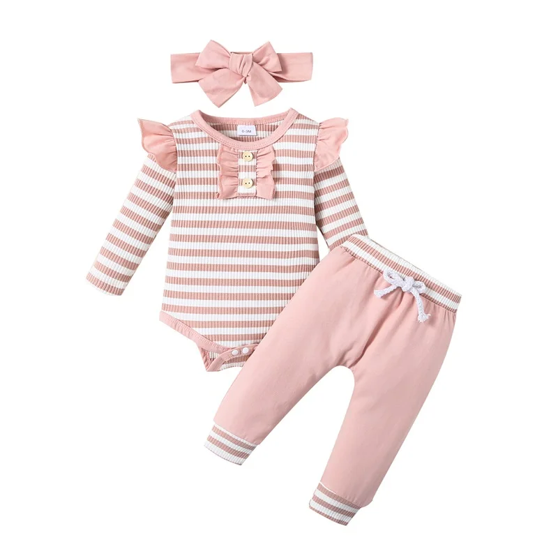 

0-18M Infant Newborn Baby Girls 3 Piece Outfit Striped Print Long Sleeves Romper and Elastic Pants Headband Cute Clothes