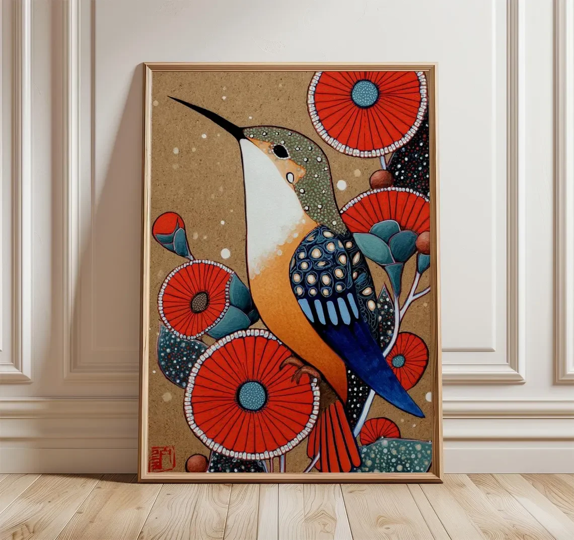 Hummingbird Wall Art Print, Modern Tribal Bird Illustration, Boho Floral Decor, Colorful Nature Artwork, Contemporary Animal Pos