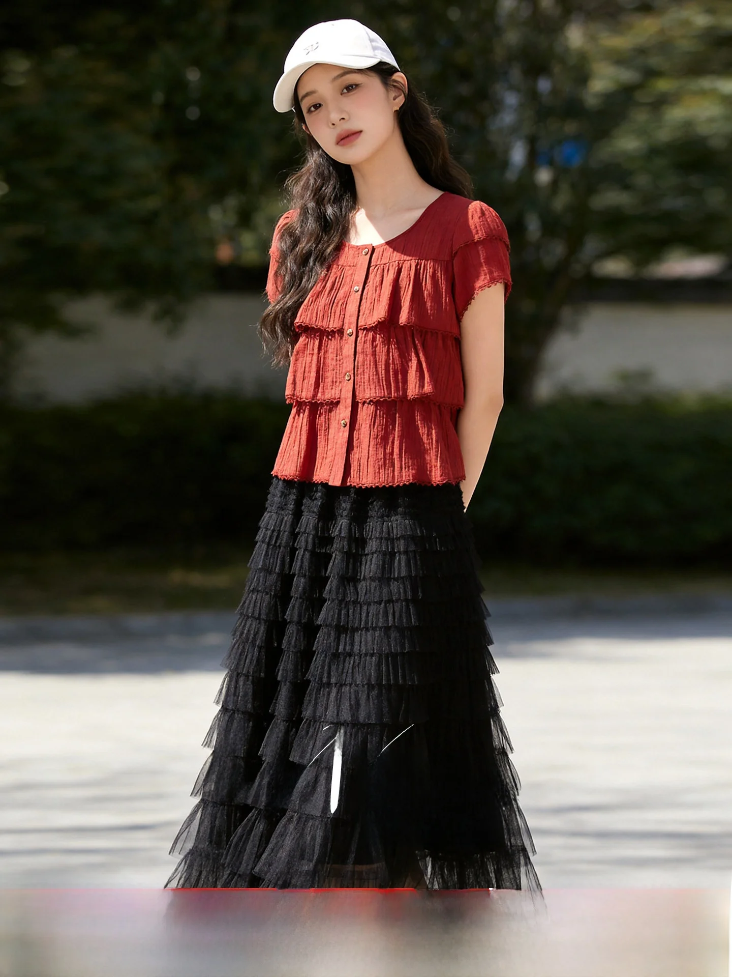 

Slimming Effectiveness Summer New Style Sweet Anti-Aging Wind Layered Top Tulle Skirt Two-Piece Set plus Size Women's Fashion