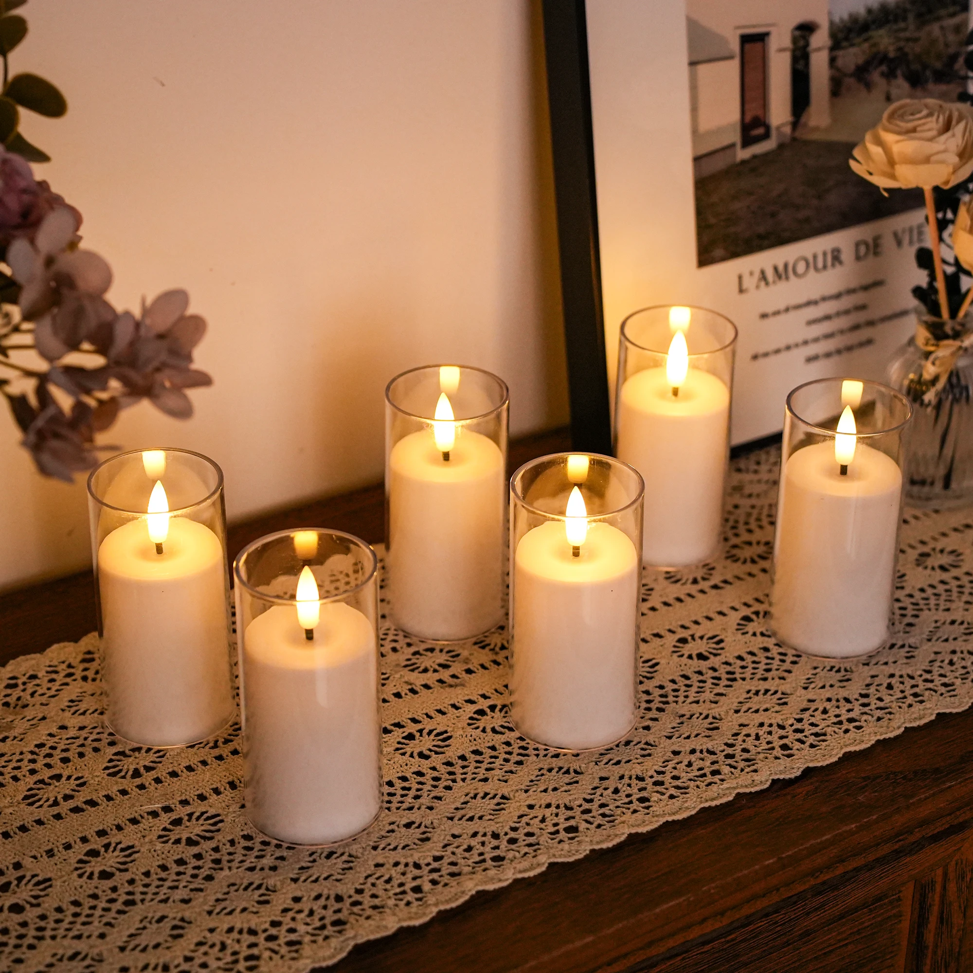 Battery Operated LED Flickering Candles – Realistic Flameless Candle Set of 6 with Clear Glass Holders – Warm White Ambience