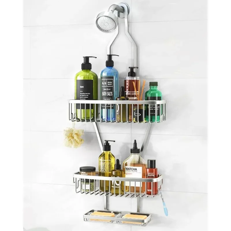 

Hanging Shower Caddy Bathroom Organizer - Over Head Long Rack for Tall Showerhead - Extra Large Shelf for Big Shampoo