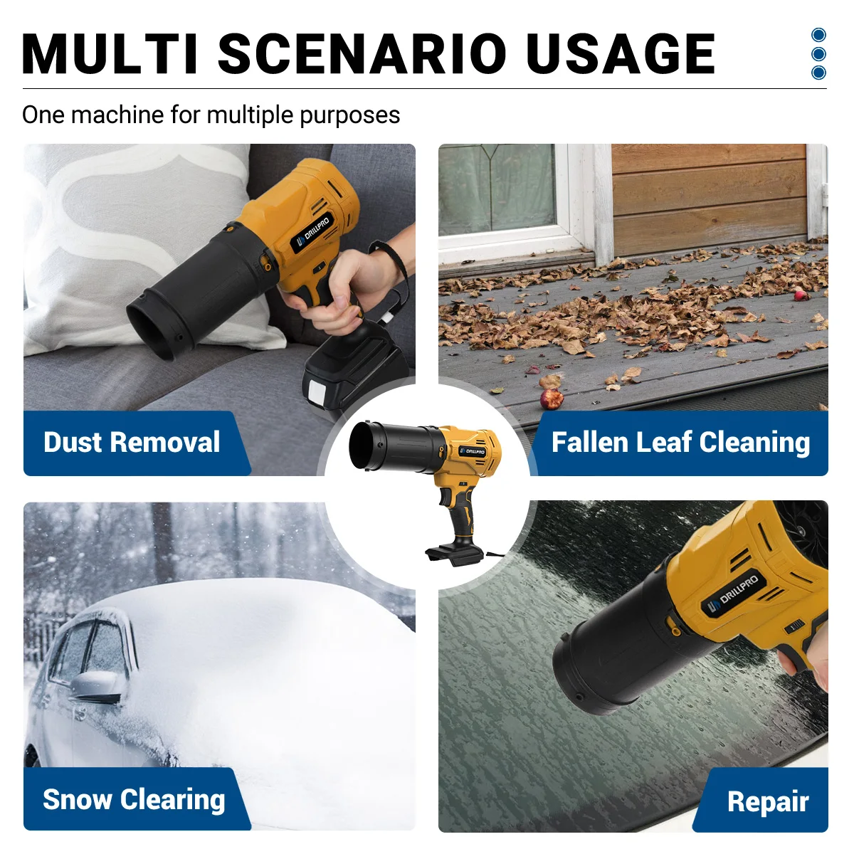 เครื่องเป่าลมไฟฟ้า Drillpro 2000W พัดลมแรงดันสูง กำจัดฝุ่น หิมะ ใบไม้ เครื่องเป่าลมไร้สายแบบเทอร์โบ เครื่องมือช่างแบบชาร์จไฟได้