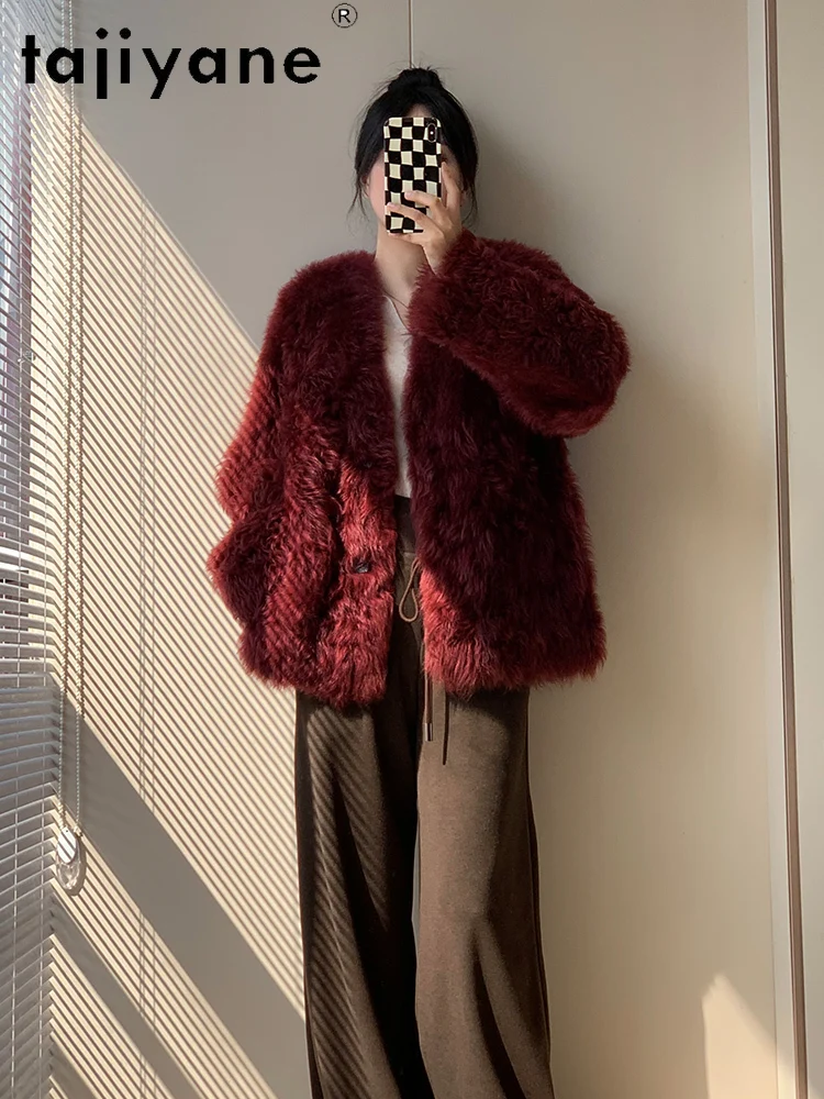 TAJIYANE 100% Real Tuscany Wool Sheepskin Fur Coat Woman Stylish Red Outerwears Warm Jacket 2025 Winter Clothes Women fourrure