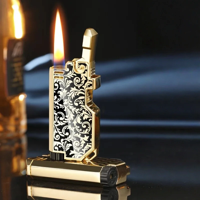 

New Metal Mechanical Catapult Ignition Inflatable Lighter Outdoor Open Flame Color Printing Lucky Flower Portable Lighter