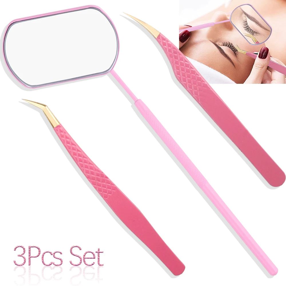 3Pcs Lash Mirror Eyelash Tweezers Set Extra Large Mirror Straight And Curved Eyebrow Tweezers Makeup Eyelash Extensions Supplies