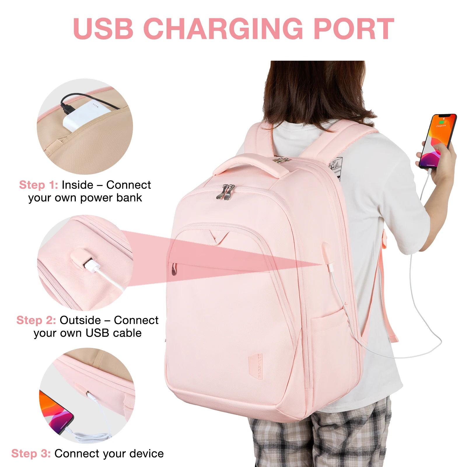 18.5’’ Large Backpacks for Women College Shool bag BAGSMART Notebook Travel Laptop Backpack with USB Charging Port Computer Bag