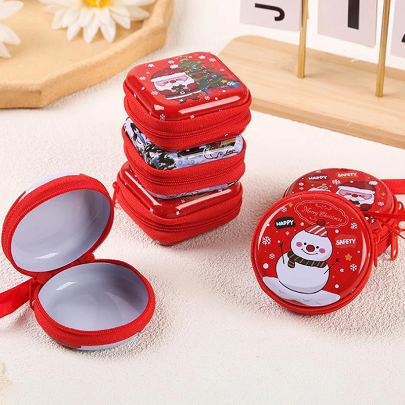 Christmas Pattern Tinplate Coin Purse Round Square Candy Earphone Storage Bag Pendant