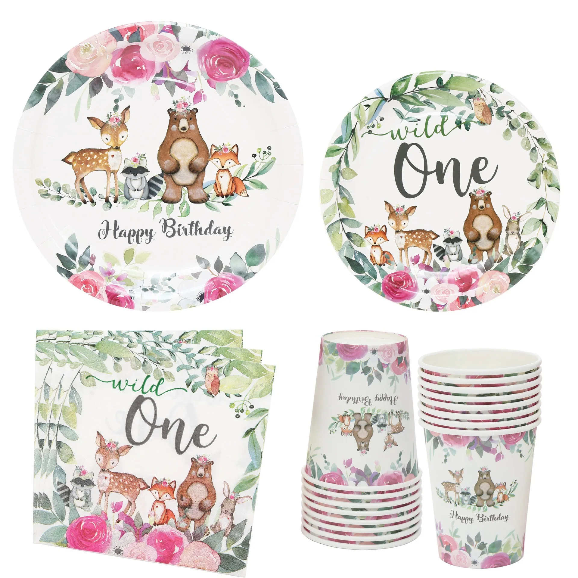 8Guests Wild Animal Dioposable Tableware Forest Jungle Bear Fox Deer Plates Cups Napkin Kids Happy Wild One Birthday Party Decor