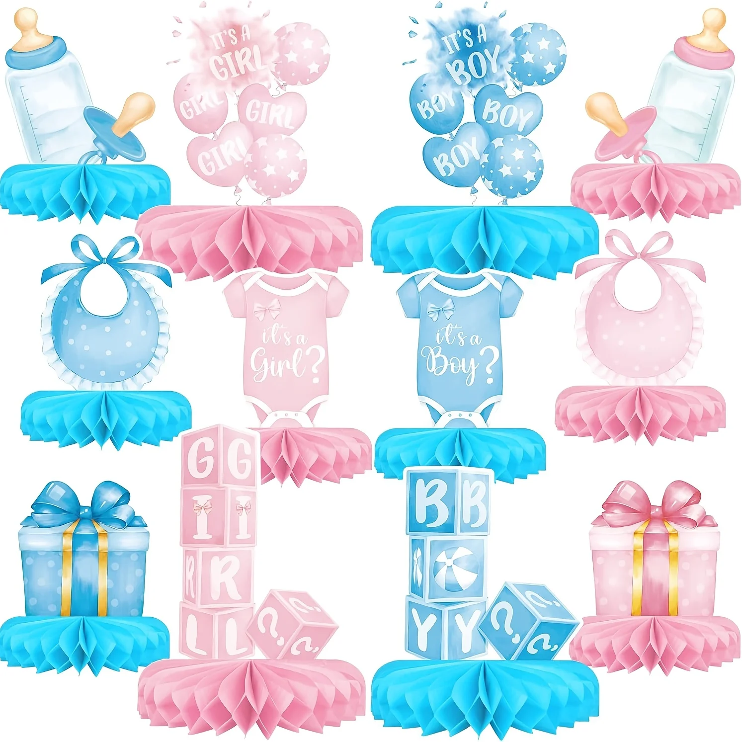 12 Piezas de Decoración para Fiesta de Revelación de Género de Bebé, Centro de Mesa de Panal de Abeja, Decoración para Mesa, Decoración para Fiesta de Revelación de Bebé