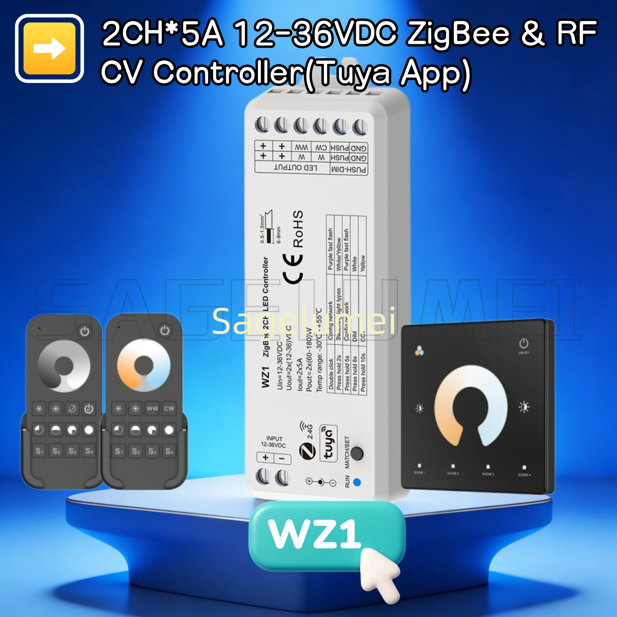 Contrôleur LED sans fil RF WZ1 ZigBee Tuya 2CH*5A pour bande LED à température de couleur, DC 12-24V 36V