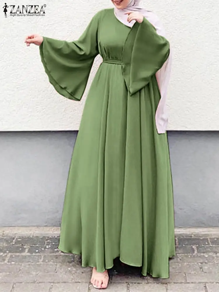 Women Lerisure Muslim Long Dress Oversized Vestidos ZANZEA 2023 Summer Spring Flare Sleeved Soild Female Turkish Robe Abaya