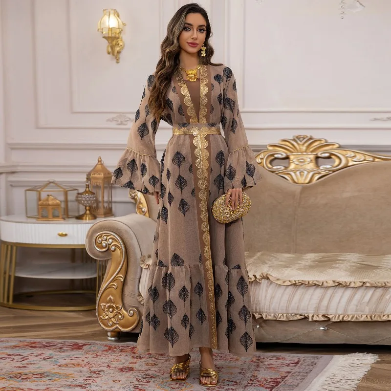 Elegant Dubai Abaya Dress with Embroidered Net Sleeves Women Middle Eastern Kaftan