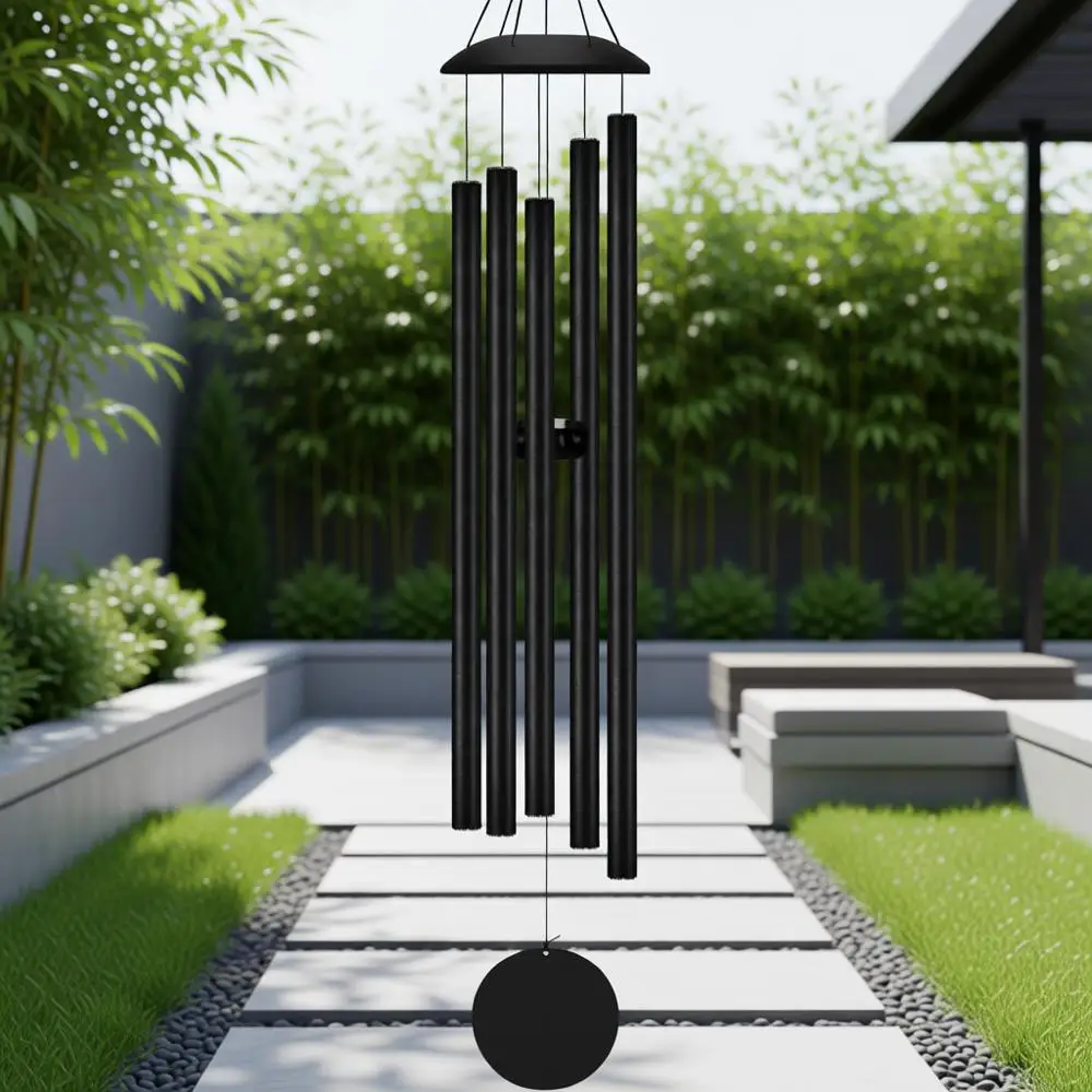 

65 Large Outdoor Wind Chime with Deep Tone, 5 Thick Metal Tubes, Wooden Striker, Perfect Gift for Garden Decor (Black)