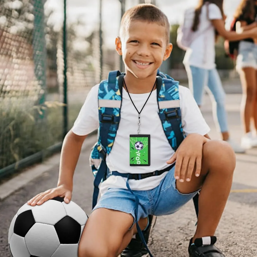 Football Print Neck Childrens Small Wallet with Zippered Coin Pocket and Card Holder Travel Mini Purse for Boy Soccor Fan