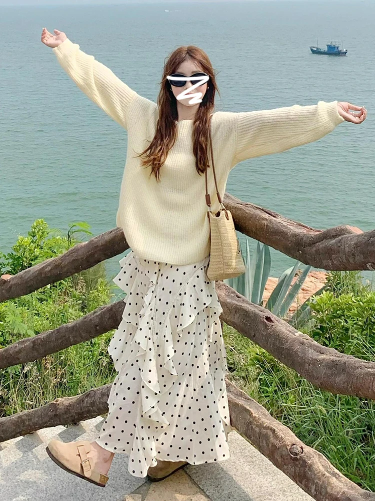 

Свитер Sweet Aosphere и юбка в горошек, женский комплект из двух предметов, длинный све, круглый вязаный топ, повседневная одежда