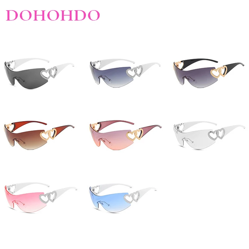Rimless One Piece Heart Shape Decorative Sunglasses Women Men Punk Fashion Design Outdoor Travel Street Photography Shades UV400