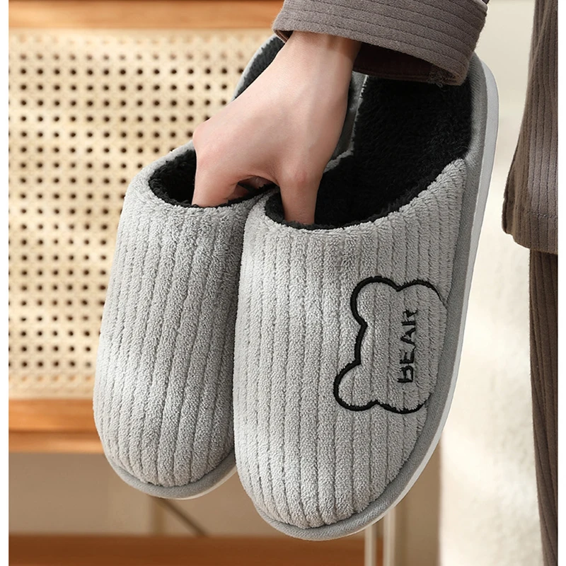 

Winter Plush Indoor Home Slippers for Men And Women Warm Cotton Cartoon Bear Design plus Size Comfortable Footwear