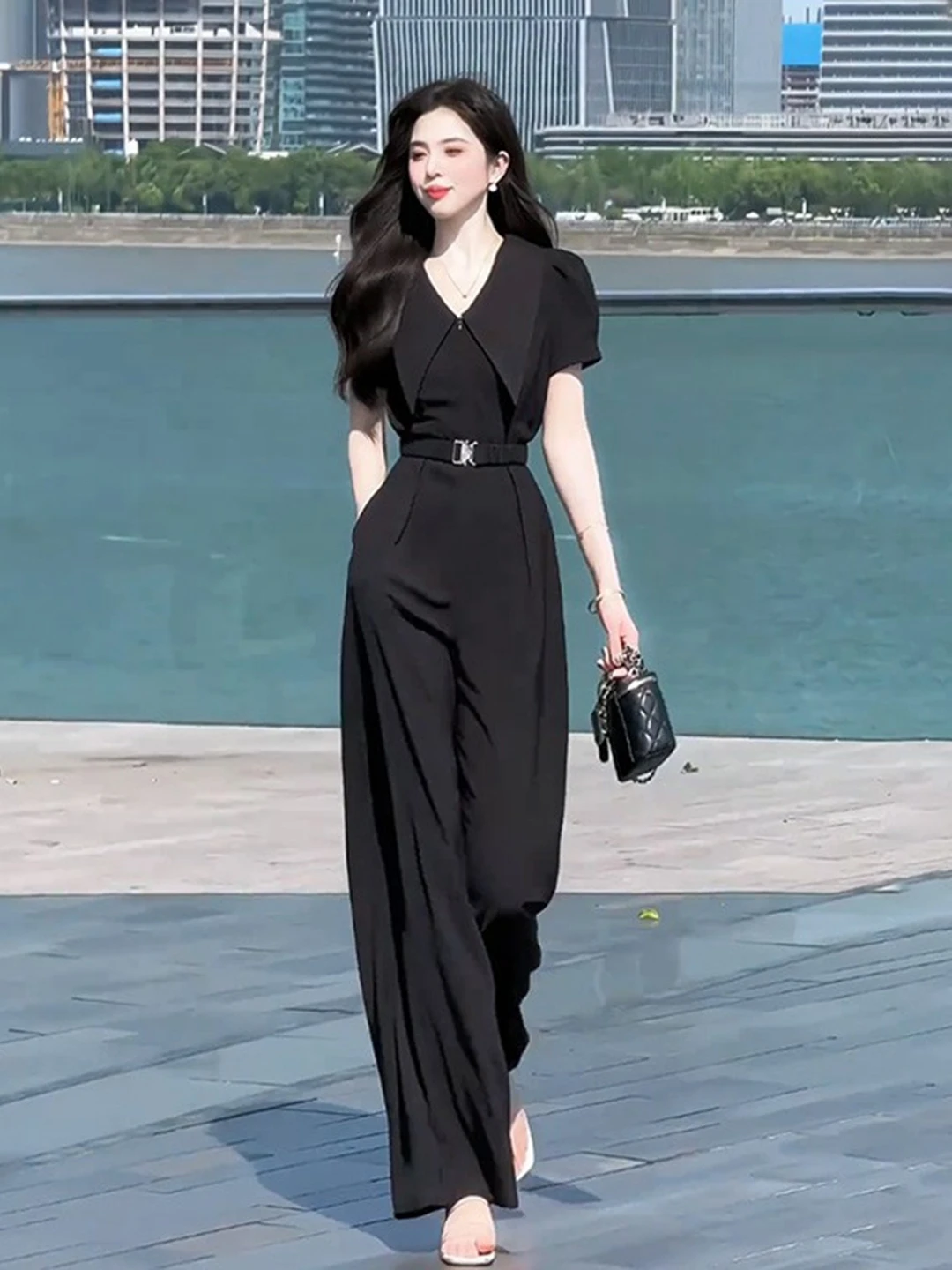 

One-Piece Pantsuit for Women Ele Faionable Age-Defng Turn-down Collar Wide Leg Pants High Waist Long Pants ...