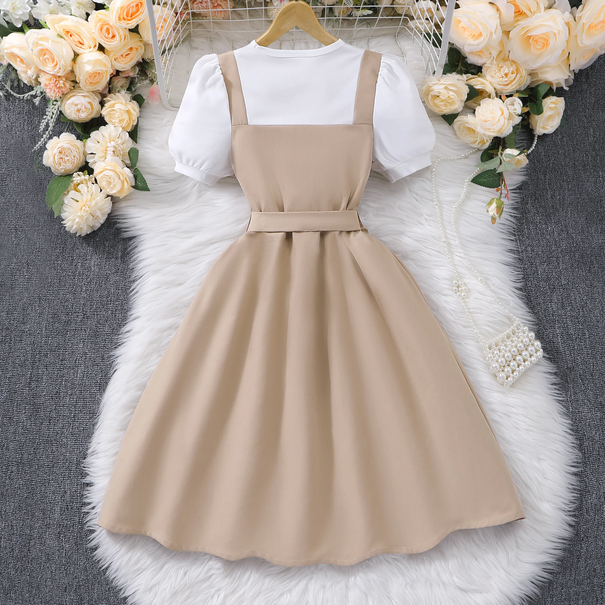 8-12 Years Tween Girls Khaki Double Breasted Overall Faux Two-Piece Short Sleeve Dress|Party, Back to School,Daily,Outings&Gathe