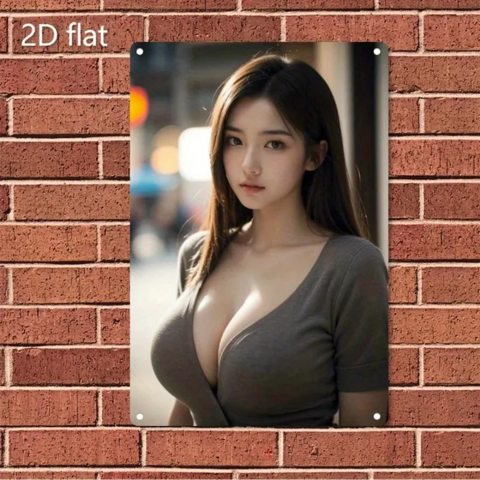 HD Metal Tin Sign, Stunning Asian Beauty in Grey Deep V-Neck Top Street Style Vintage Wall Art, 2D Flat Retro Iron Painting Plaq