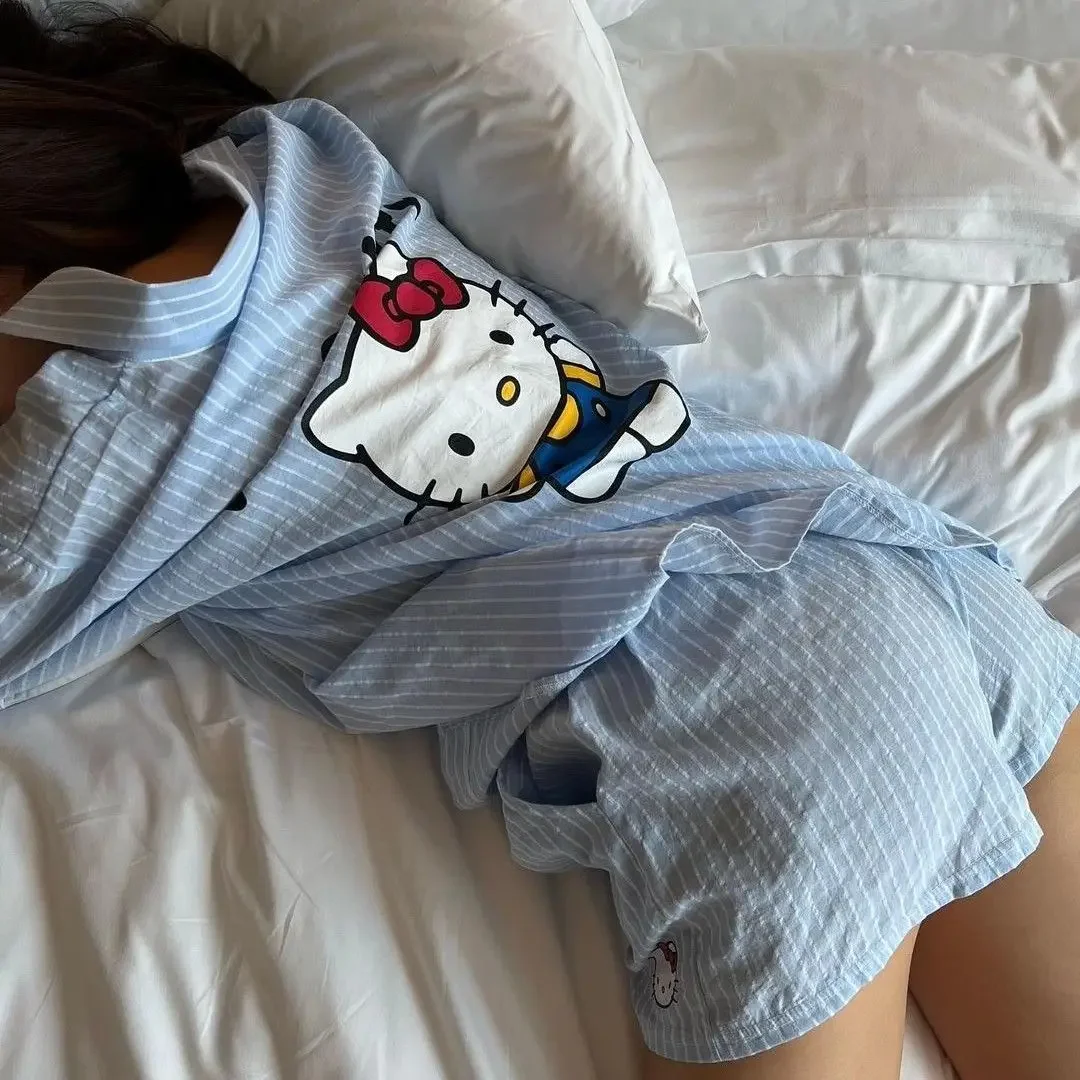 2024 Sanrio New Printed Long-sleeved Pajamas Women Hellokitty Summer Casual Shorts Set Of Homewear Woman\'s Clothing Girl Gifts