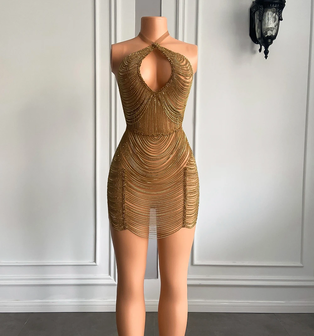 Luxury Halter Sleeveless Real Cocktail Gowns Black Girl Gold Short Mini Prom Dresses 2026 For Birthday Party