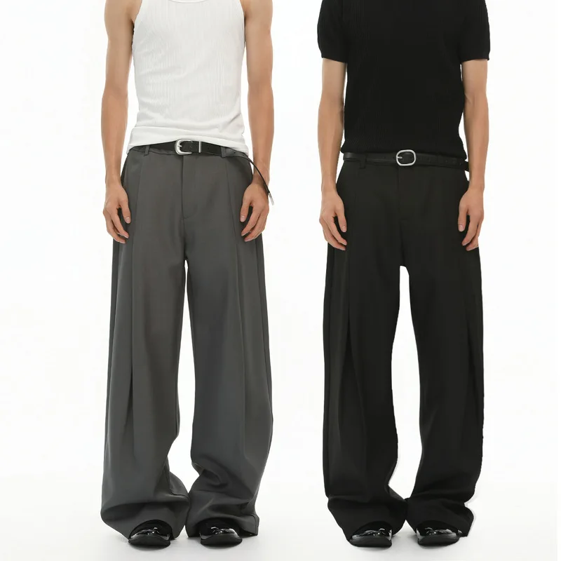 QICHE Men Pleated A-Line Wide Leg Dress Pants Draped Loose Straight Office Casual Trousers