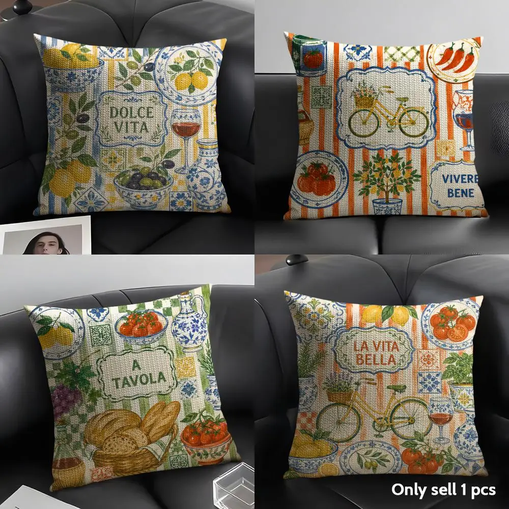 Mediterranean Pattern Cushion Cover Natural Linen Pillow Case Organic Fabric Double Sided Print Sofa Home Decor Gift