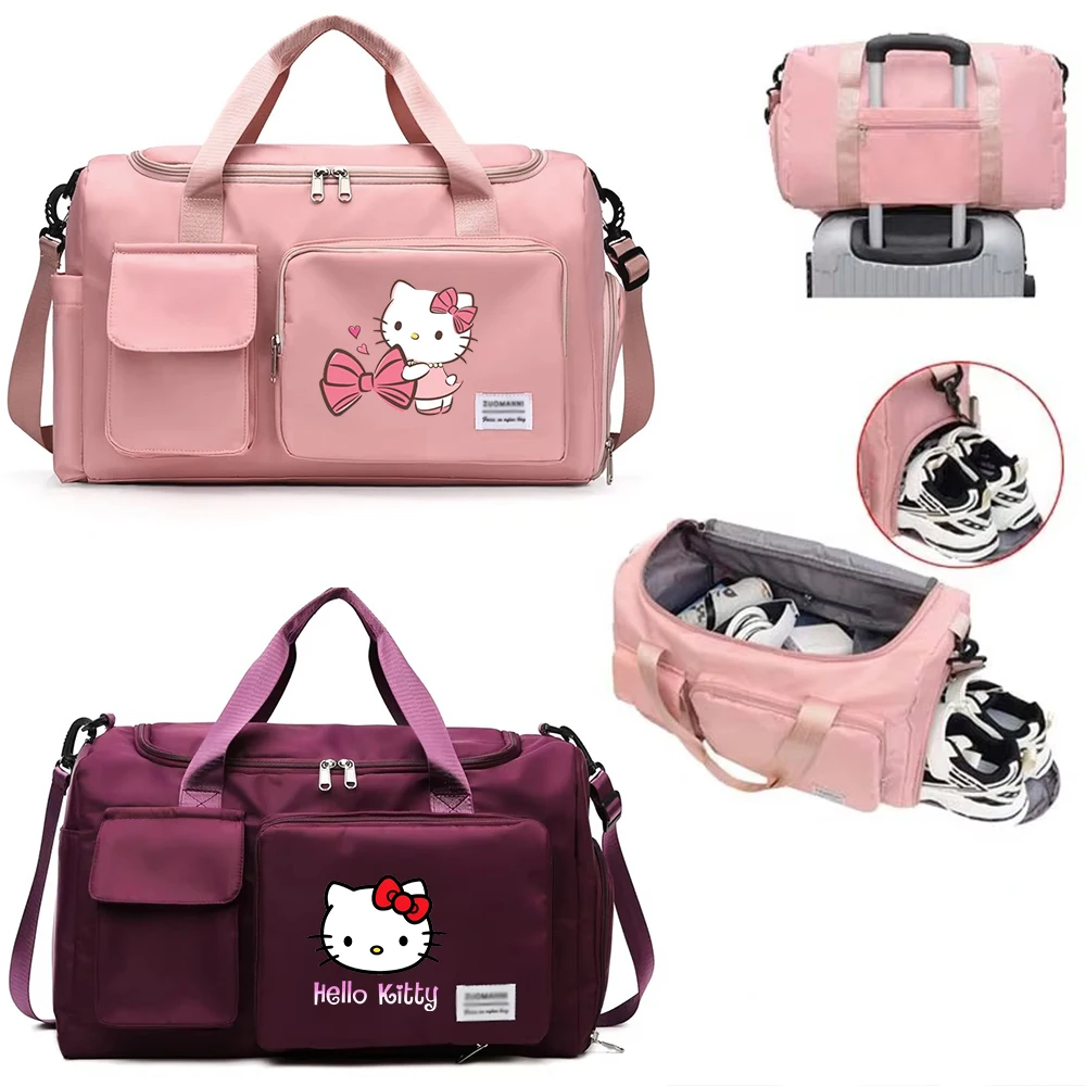 Hello Kitty Cartoon Travel Bag Large Capacity Storage Shoulder Bags Gym Duffle Pack with Shoe Compartment Portable HandBag