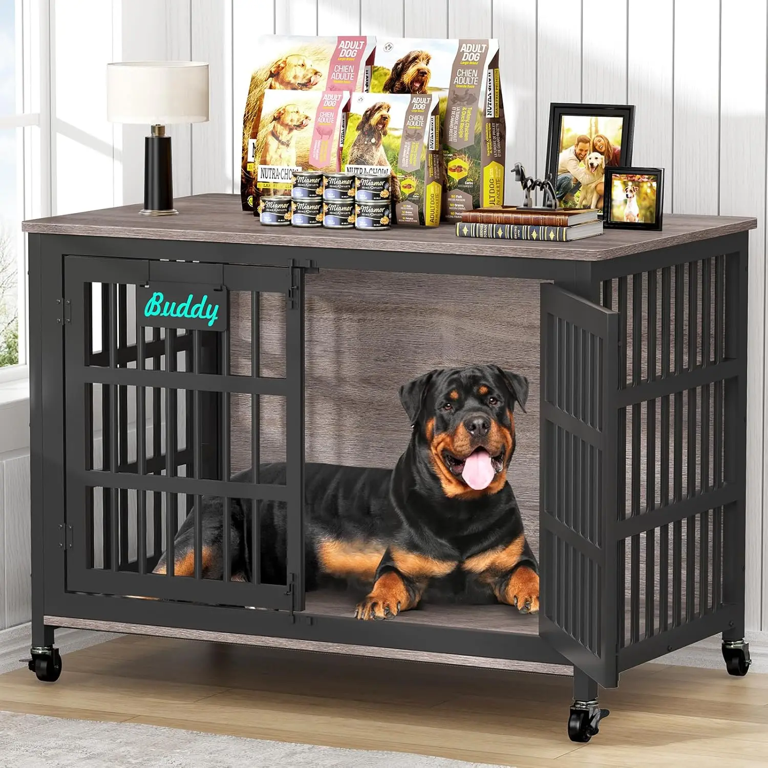 

48'/42'/33' XXL Dog Crate Furniture with Casters, Heavy Duty Dog Kennel Indoor for Large Dogs, Escape