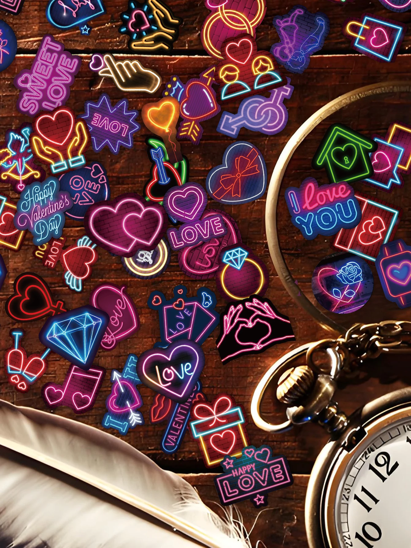 

64PCS Creative Personalized Neon Light Style Valentine's Day Art Sticker Love Diamond Ring Bouquet Decoration Scrapbook Phone