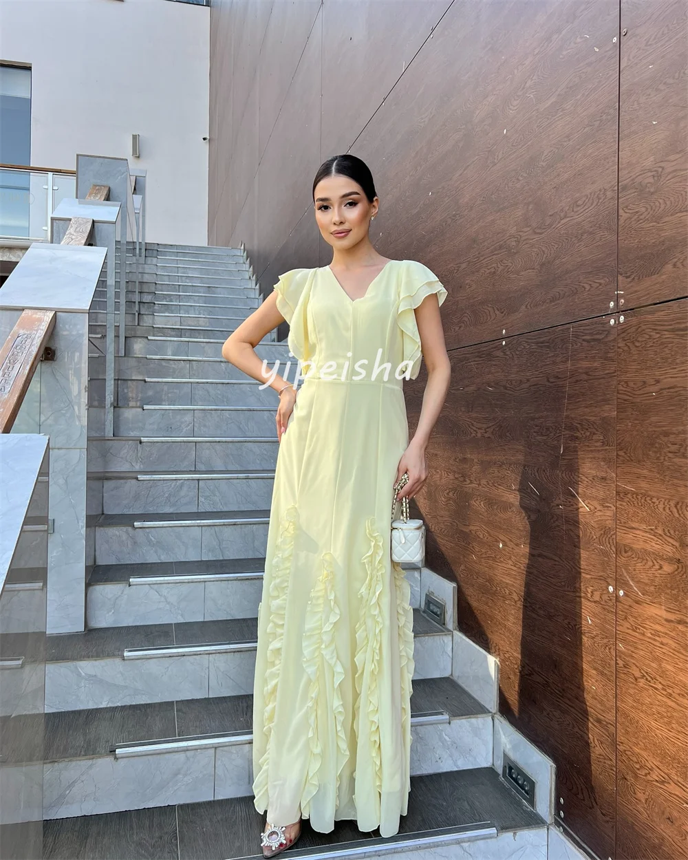 Customized High Quality Classic Chiffon Ruched Straight V-neck Long Dresses Bespoke Occasion Dresses Modern Style Intricate