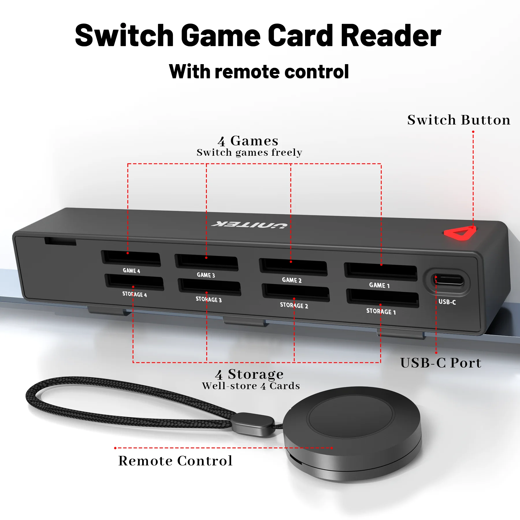 Unitek D1100B for Nintendo Switch Game Card Reader with Wireless Bluetooth Remote Control One-button Gaming Switcher Adapter