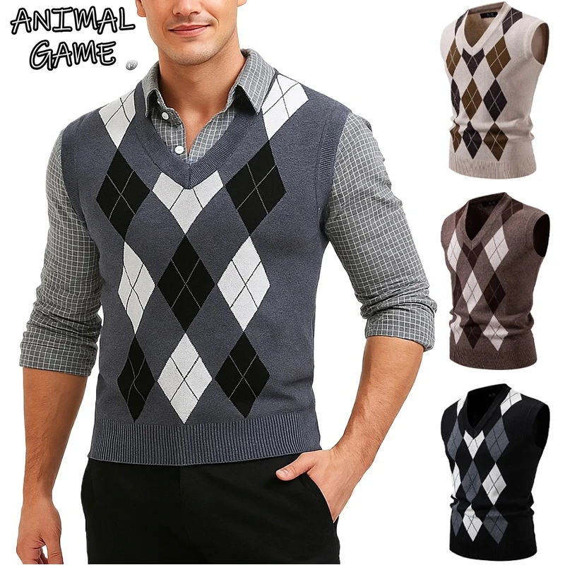

Мужской повседневный жилет с изображением животных, свитера с v-образным вырезом, трикотаж без рукавов, повседневный приталенный пуловер, вязаный мужской топ на бретелях, уличная холодная блузка