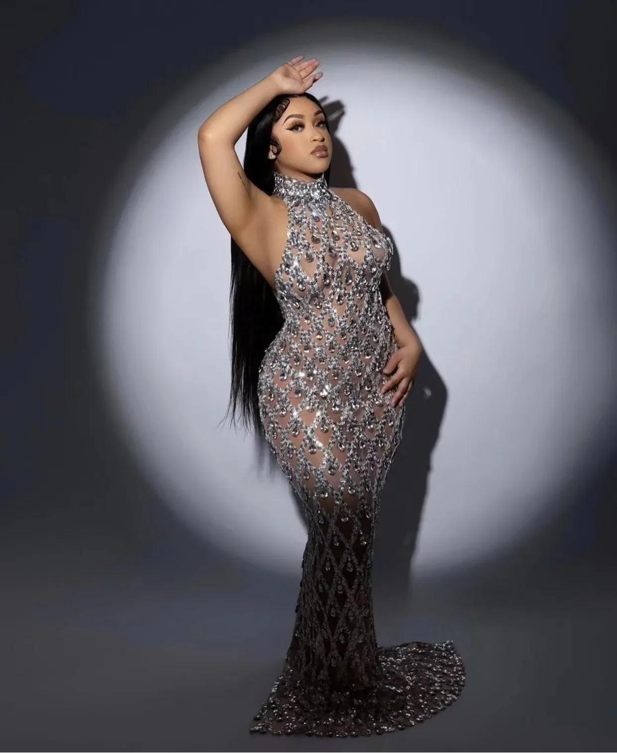 Cristal festival drag queen traje sexy roupas de palco noite festa aniversário cristal lantejoulas malha longo vestido meia-noite