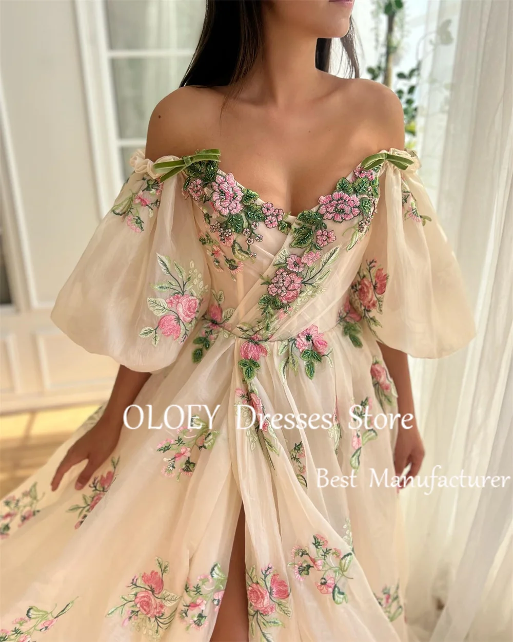 OLOEY Exquisite Embroidery Floral Prom Dress High Slit Women Wedding Photoshoot Off Shoulder Party Dress A Line Bridesmaid Dress