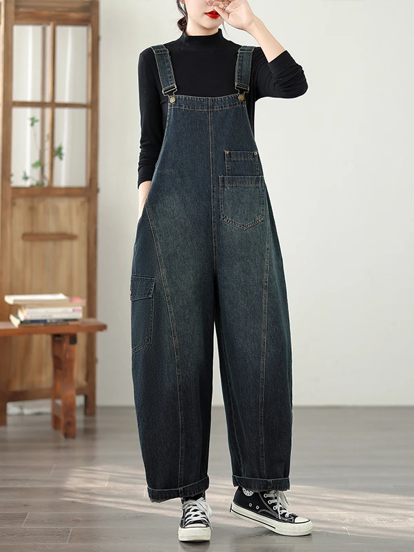 Losse artistieke dames denim overall herfst 2022, nieuwe Sle groot formaat katoen polyester mix l taille jeansbroek