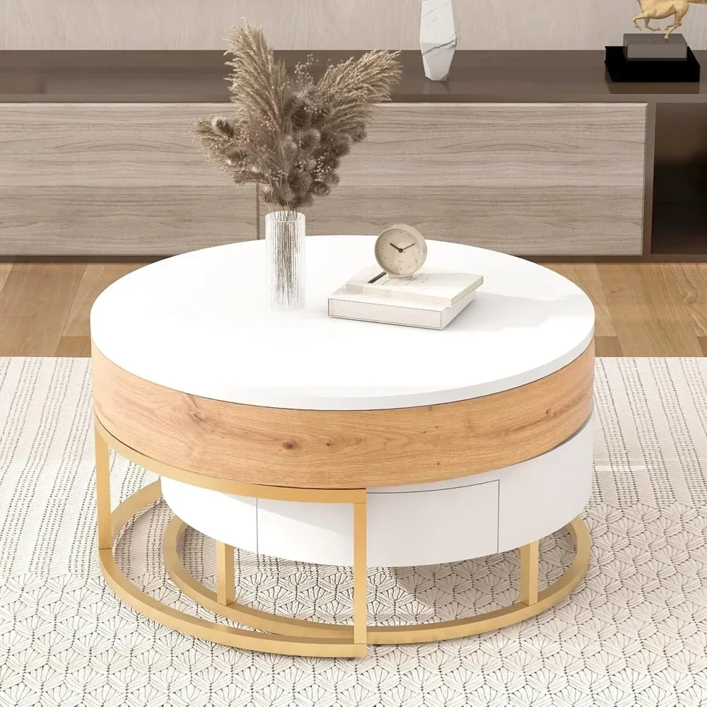Coffee Table, Lift-Top Nested Coffee Tables with Storage Compartment & 2 Drawers, Round Cocktail Tables Center Table