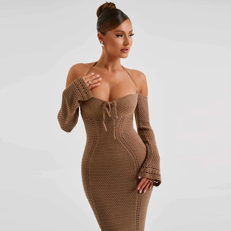 Cryptografische Off Shoulder Halter Gebreide Jurk Outfits Voor Dames Lange Mouwen Elegante Sexy Rugloze Stropdas Voorkant Maxi Jurken Vestido