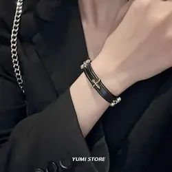 Vintage Cross Flower Bracelet For Women Gothic Punk PU Leather Adjustable Bracelet Hot Girl Kpop Couple Jewelry Y2K Accessories