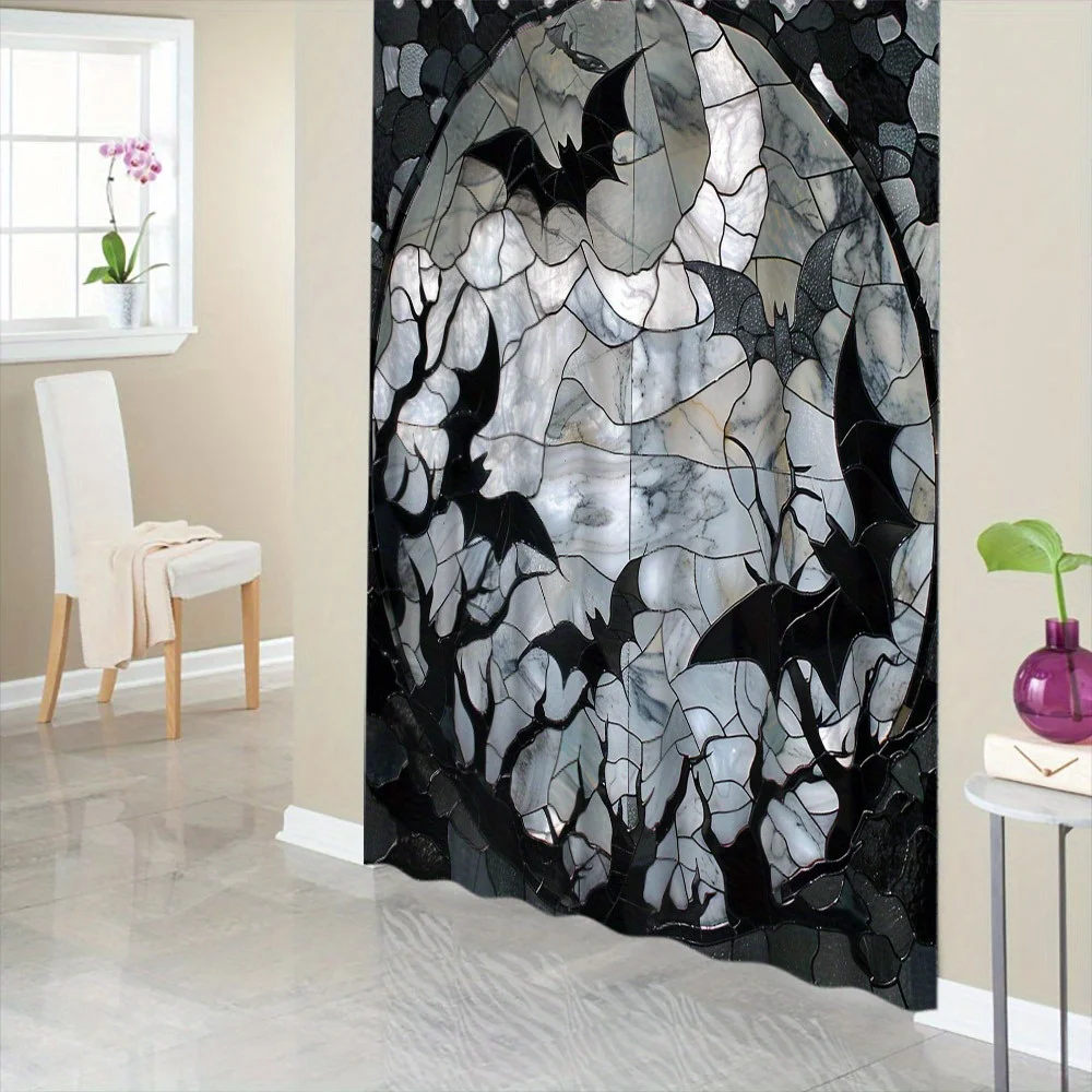 Gothic Moonlit Night Shower Curtain with Bats and Clouds Design, Black Polyester Fabric, 12 Hooks, Cracked Border Mosaic Pattern
