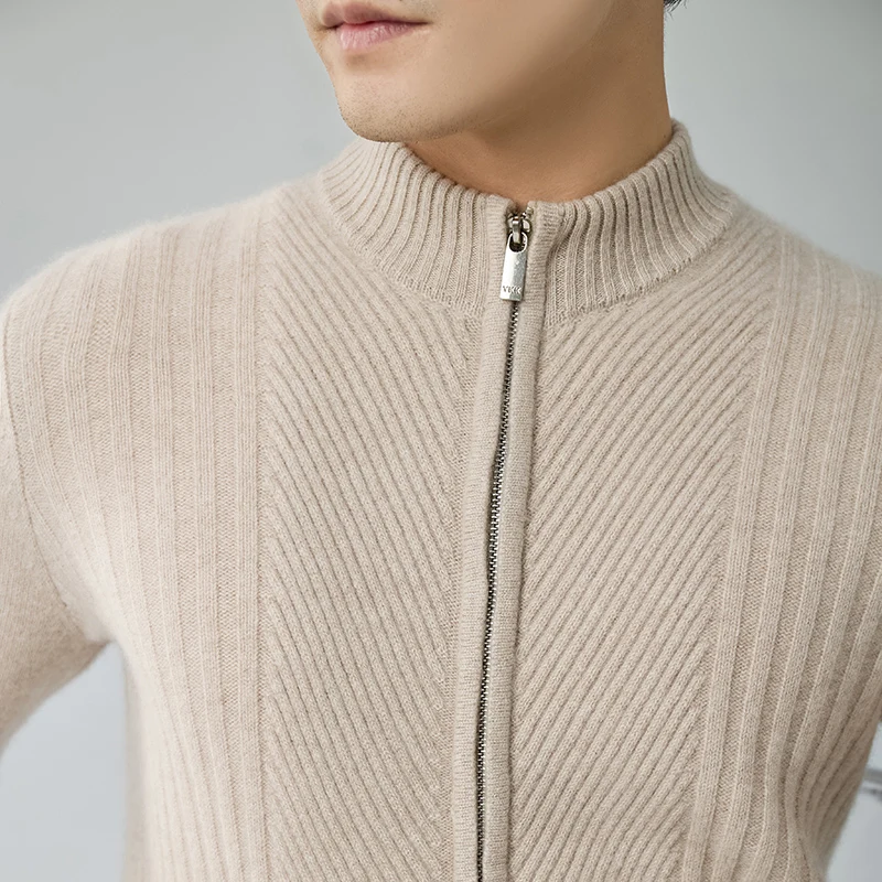 Cashmere Sweater Men\'s Thick 100% Cashmere Stand-Up Collar Zipper Sweater Cardigan Casual Coat Loose Drawstring Sweater Coat.
