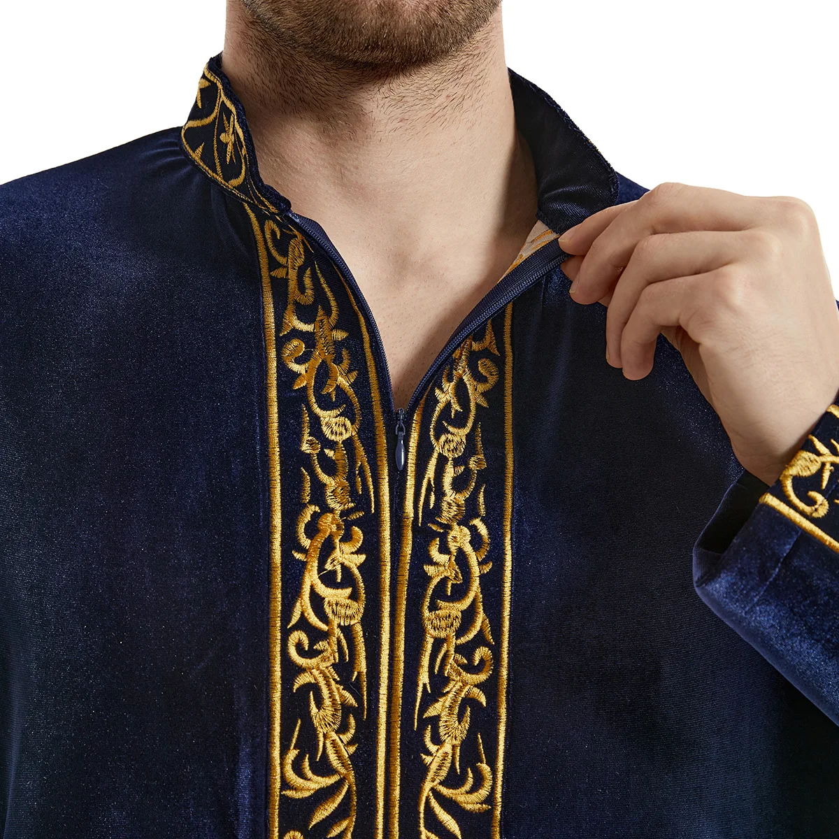 Middle East Muslim Gold Velvet Embroidery Men's Robe Arabian Islamic Prayer Dress National Costume Noble Luxury Long-sleeved Top