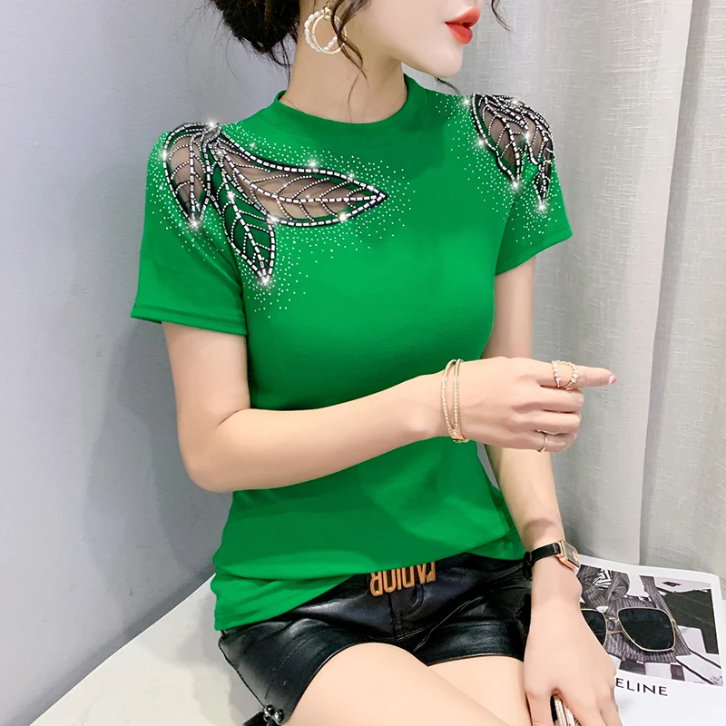 Summer Short Sleeved Hollow Out Women Tops Fashion Casual Hot Diamond Solid Color Mesh T-Shirt 3XL Elasticity Clothes