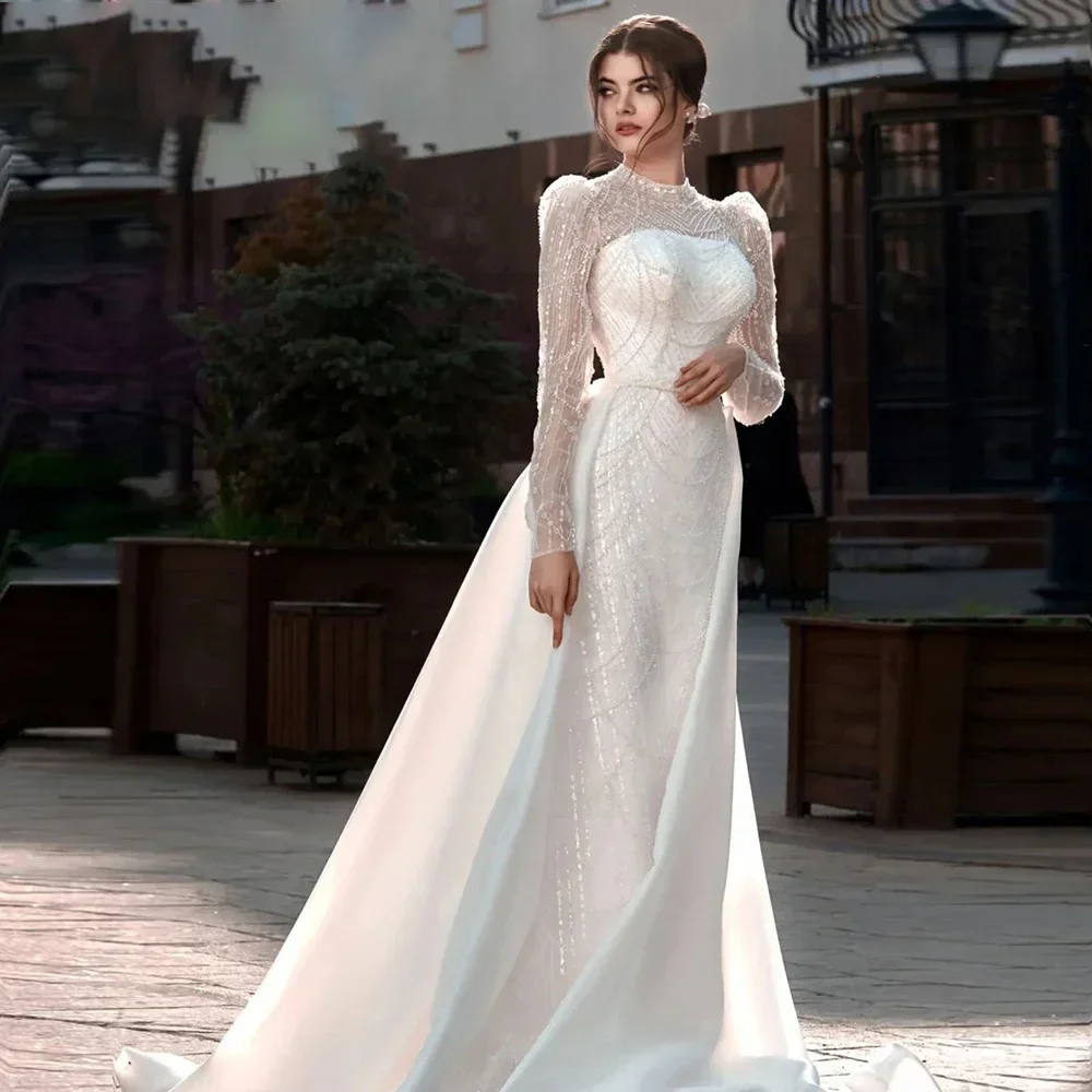 Customized Price AdjustmentElegant 2024 Wedding Evening Dress With Long Sleeves Mermaid And Detachable Train Pearls For Women Fo