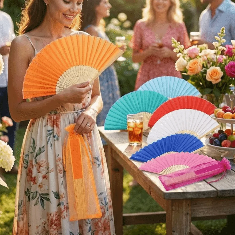 Chinese Style Folding Fan Cooling Tool Wear Resist Bamboo Hand Fan with Tassel with Organza Bag Dance Fan Bridal Shower