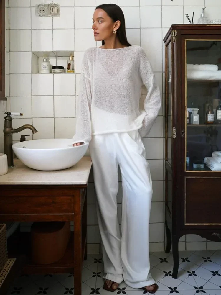 Elegant Knitted Hollow Out Pullovers Women Loose O-neck Long Sleeve See Through Jumper Summer Y2k Chic Lady Beach Sweater